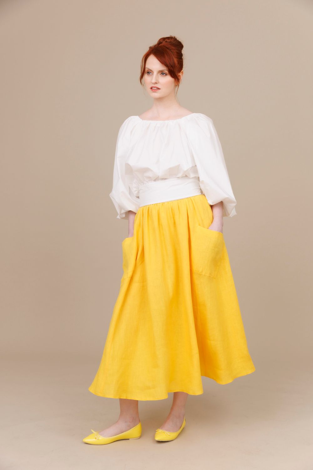 Egg Yellow 100% Linen Pocket Long Swing Skirt