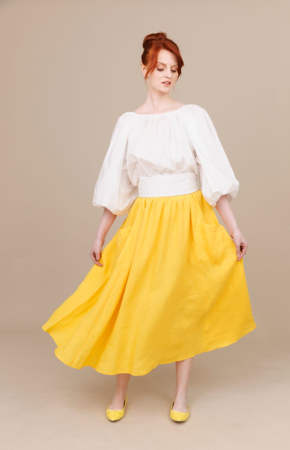 Egg Yellow 100% Linen Pocket Long Swing Skirt