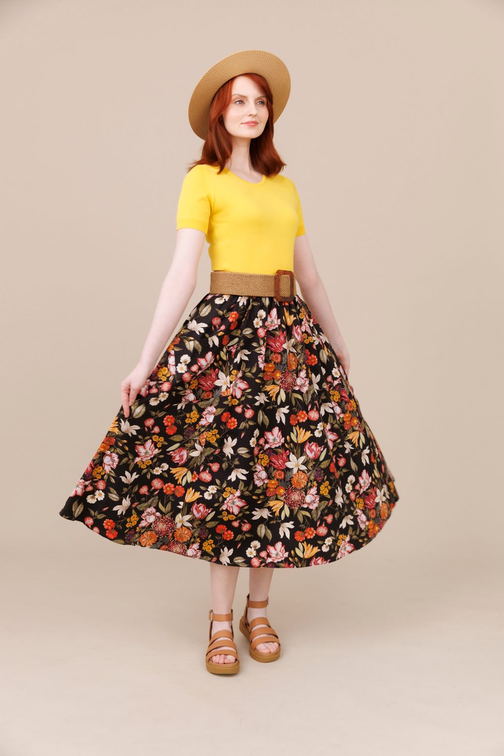 Liberty Orange Floral Long Pocket Swing Skirt