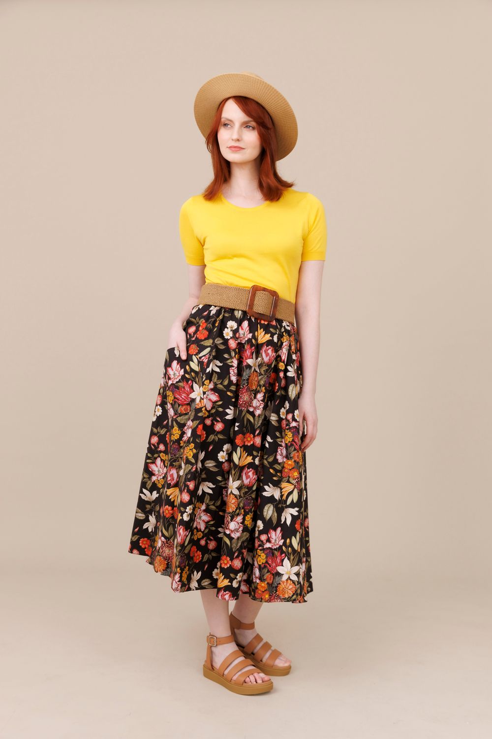 Liberty Orange Floral Long Pocket Swing Skirt