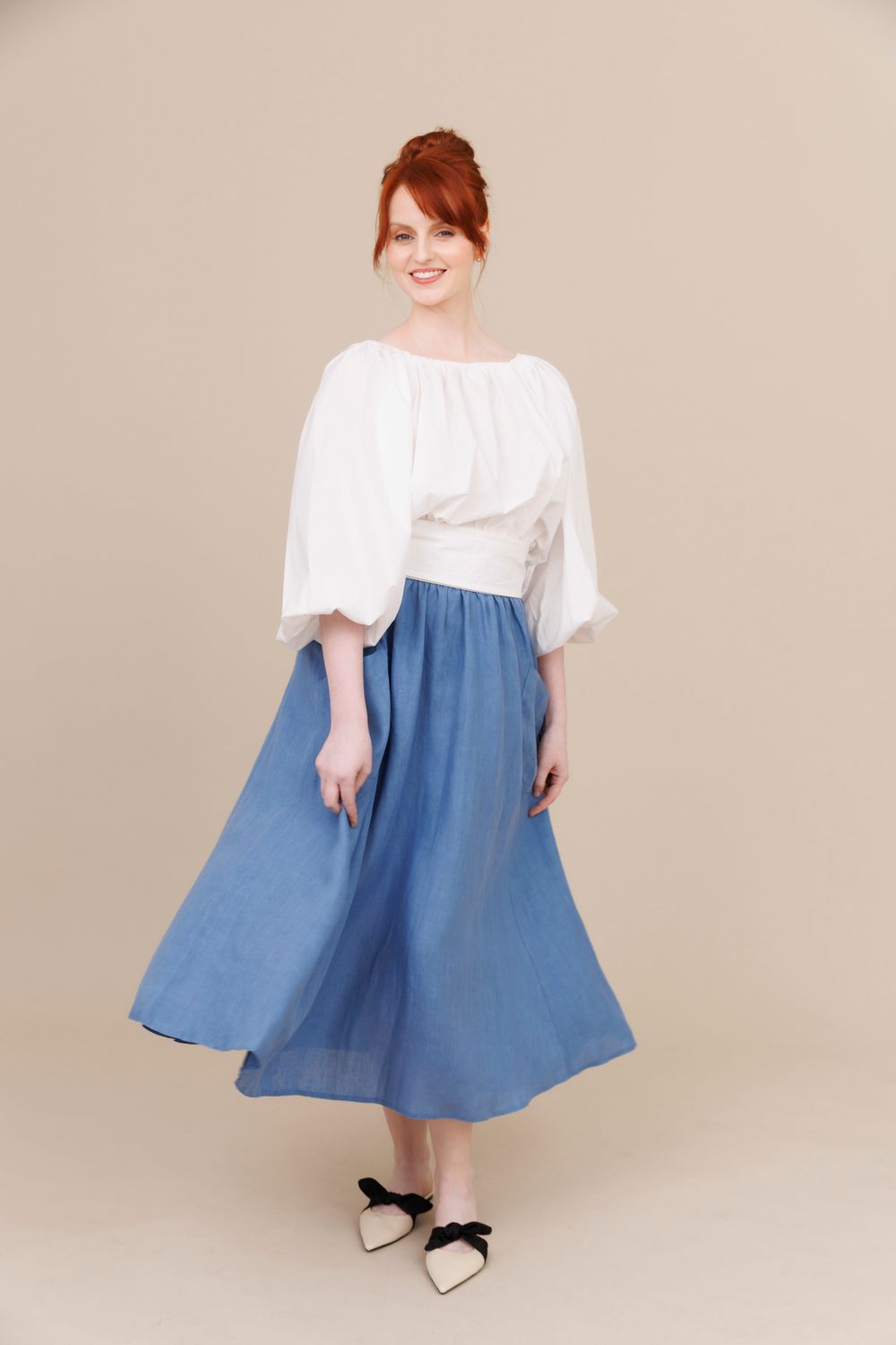 Midnight Blue 100% Linen Pocket Long Swing Skirt