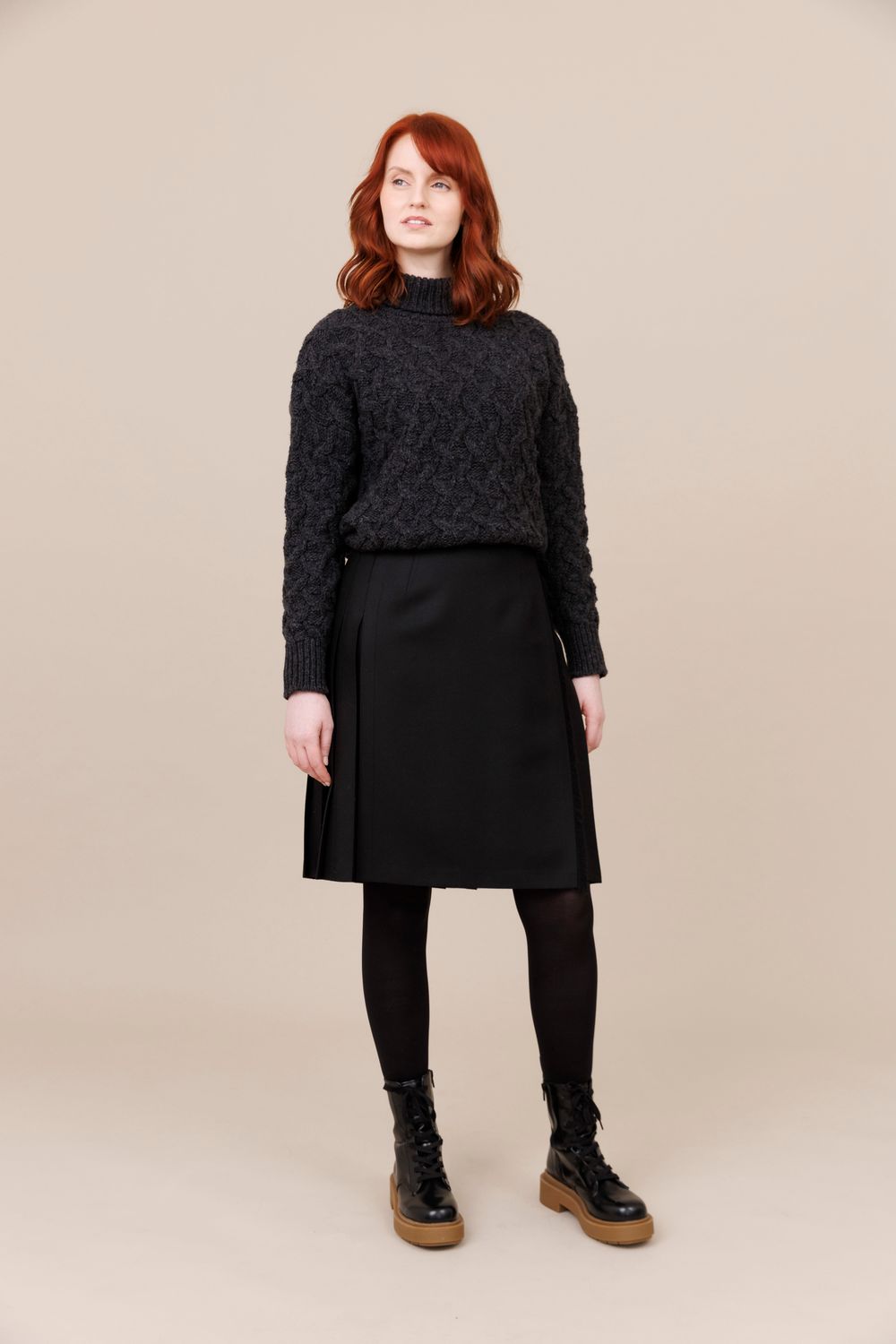 Solid Black 100% Worsted Wool Midi Kilt