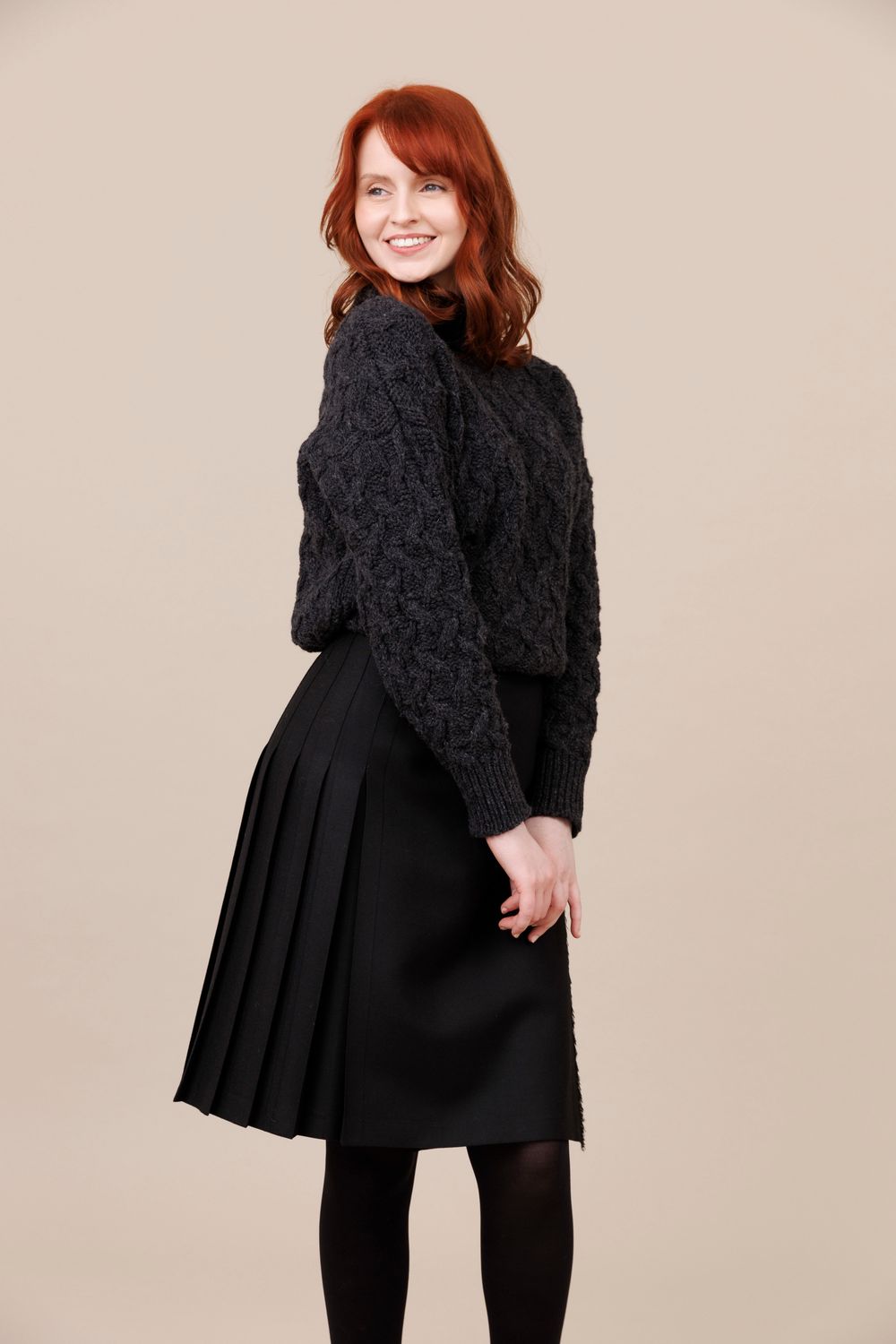 Solid Black 100% Worsted Wool Midi Kilt