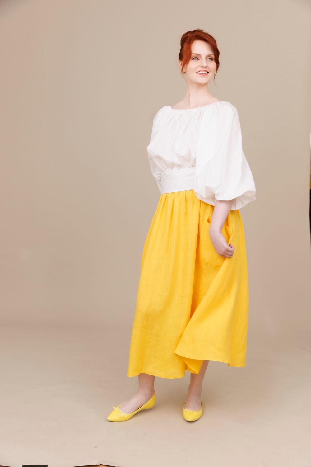 Egg Yellow 100% Linen Pocket Long Swing Skirt