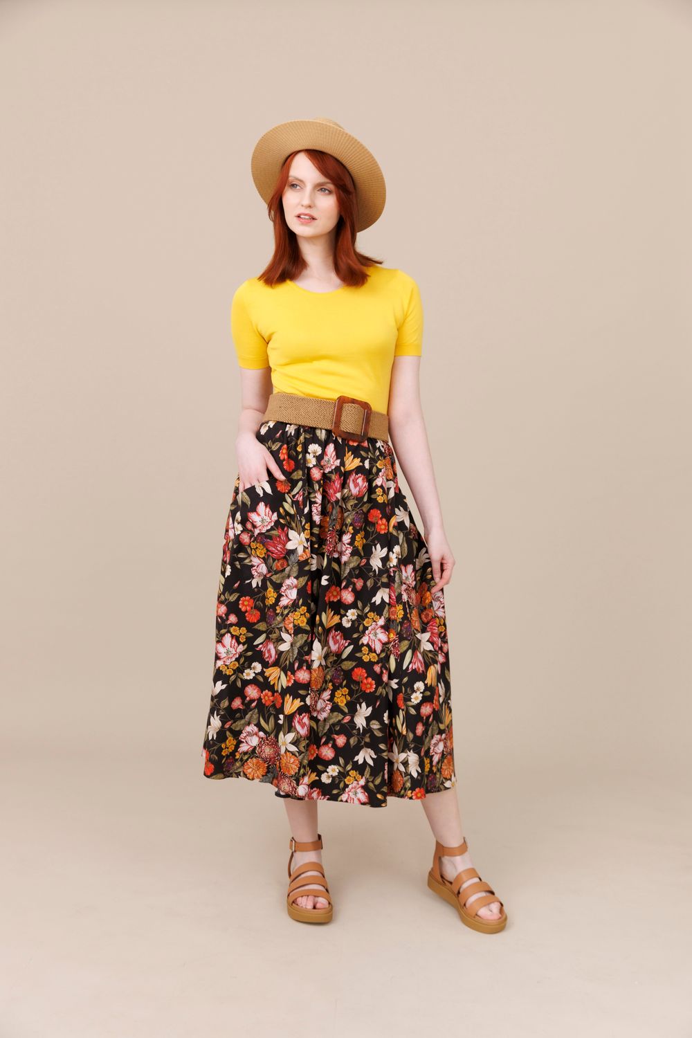 Liberty Orange Floral Long Pocket Swing Skirt