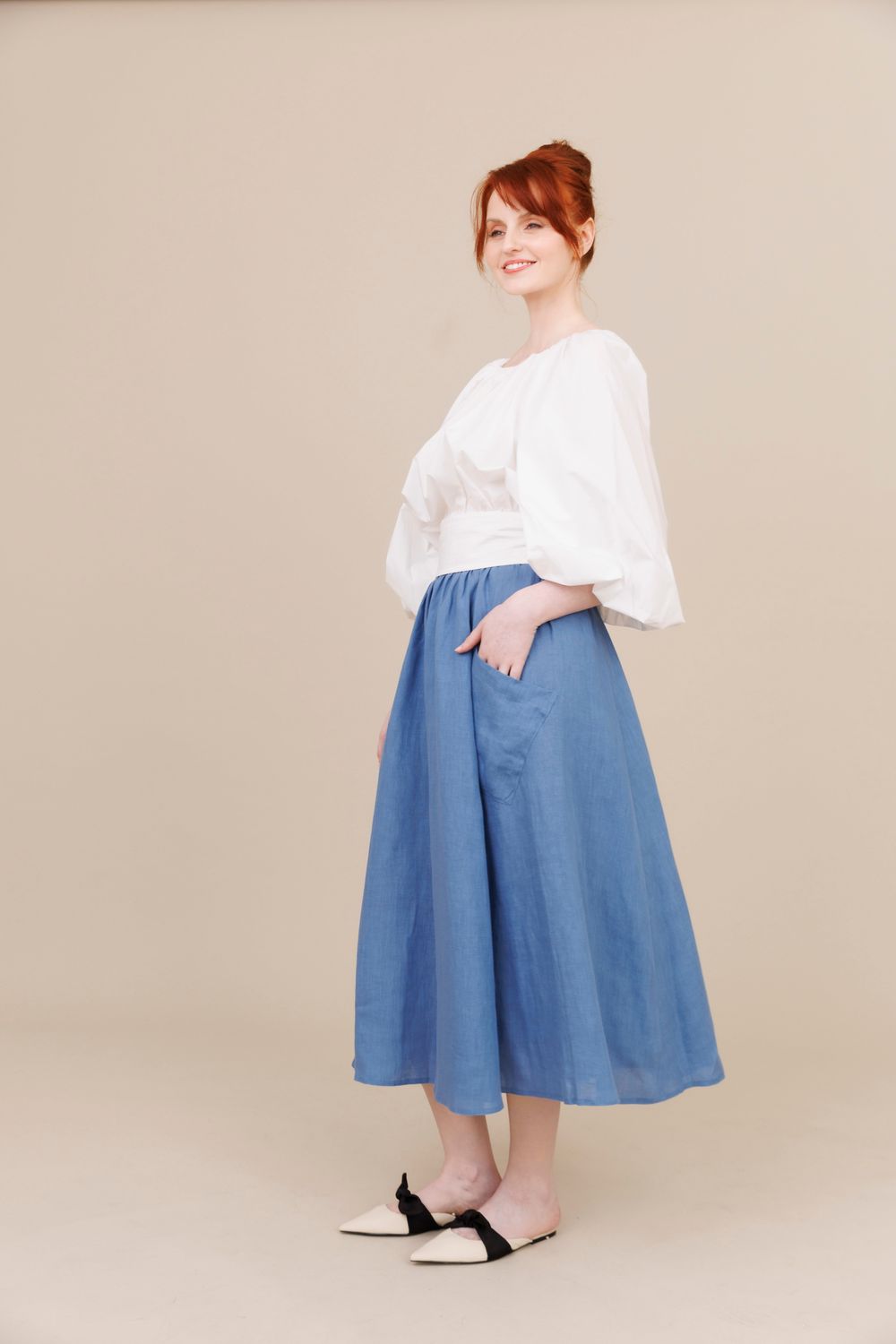 Midnight Blue 100% Linen Pocket Long Swing Skirt